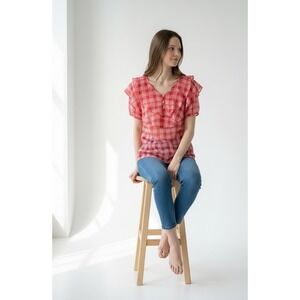 Anthropologie Eva Franco Red Pink Plaid Ruffle Sheer Blouse Gold Button Size 6‎